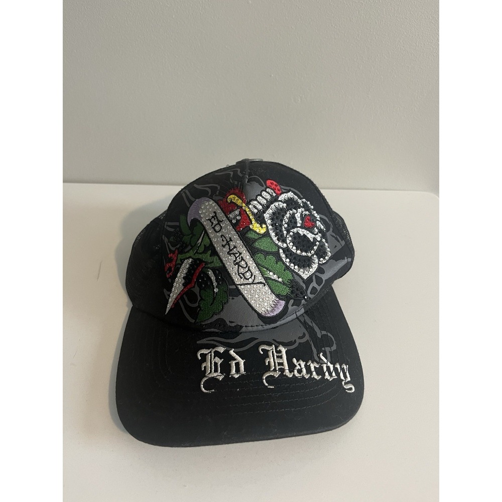 Ed Hardy Rhinestone Rose Dagger Snapback Hat Black Trucker Y2K Streetwear